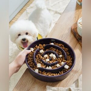 Ceramic Slow Feeder Dog Bowl Purple Maze 1.5 Cup Medium Non Slip New